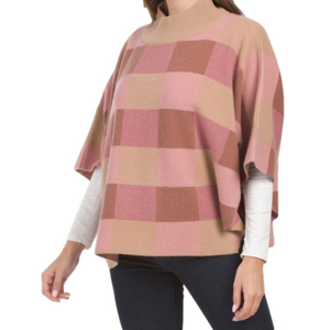 Note di Anita Italy Pink Tan Buffalo Check Merino Wool Cashmere Mock Neck Poncho